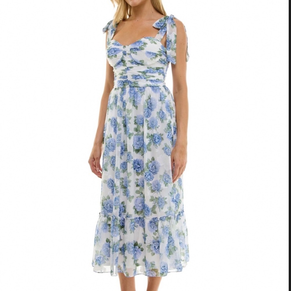 BCX Floral Midi Dress Women XL NEW Blue Tiered Chiffon Tie Strap MSRP $79